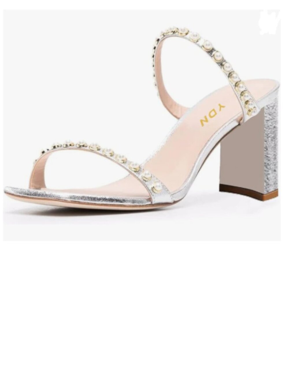 YDN Sliver Pearl Open Square Toe Mules Block Mid Heel Double Straps Sandals